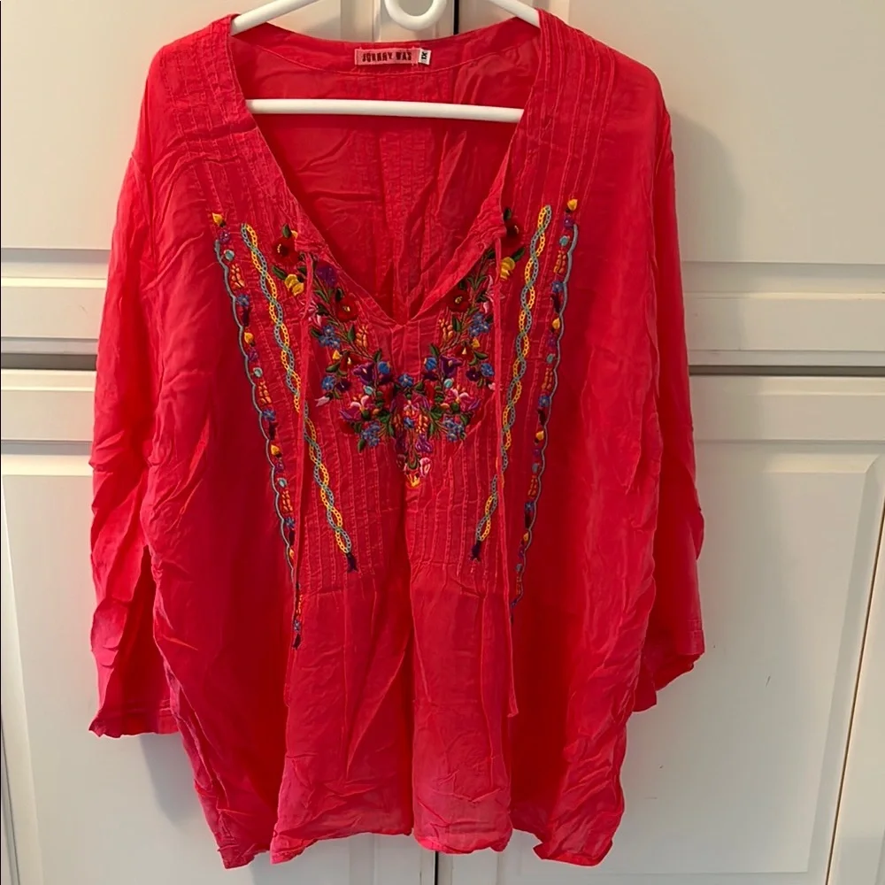 Johnny Was Fuchsia Pink Emberoidered V-Neck Blouse Sz 1X - Picture 1 of 4